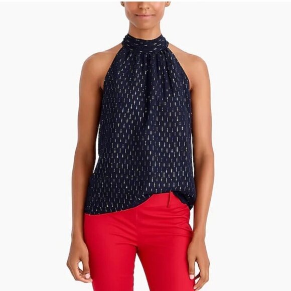 J. Crew Navy Gold Thread Tie Back Halter Sleeveless Blouse - Picture 1 of 8